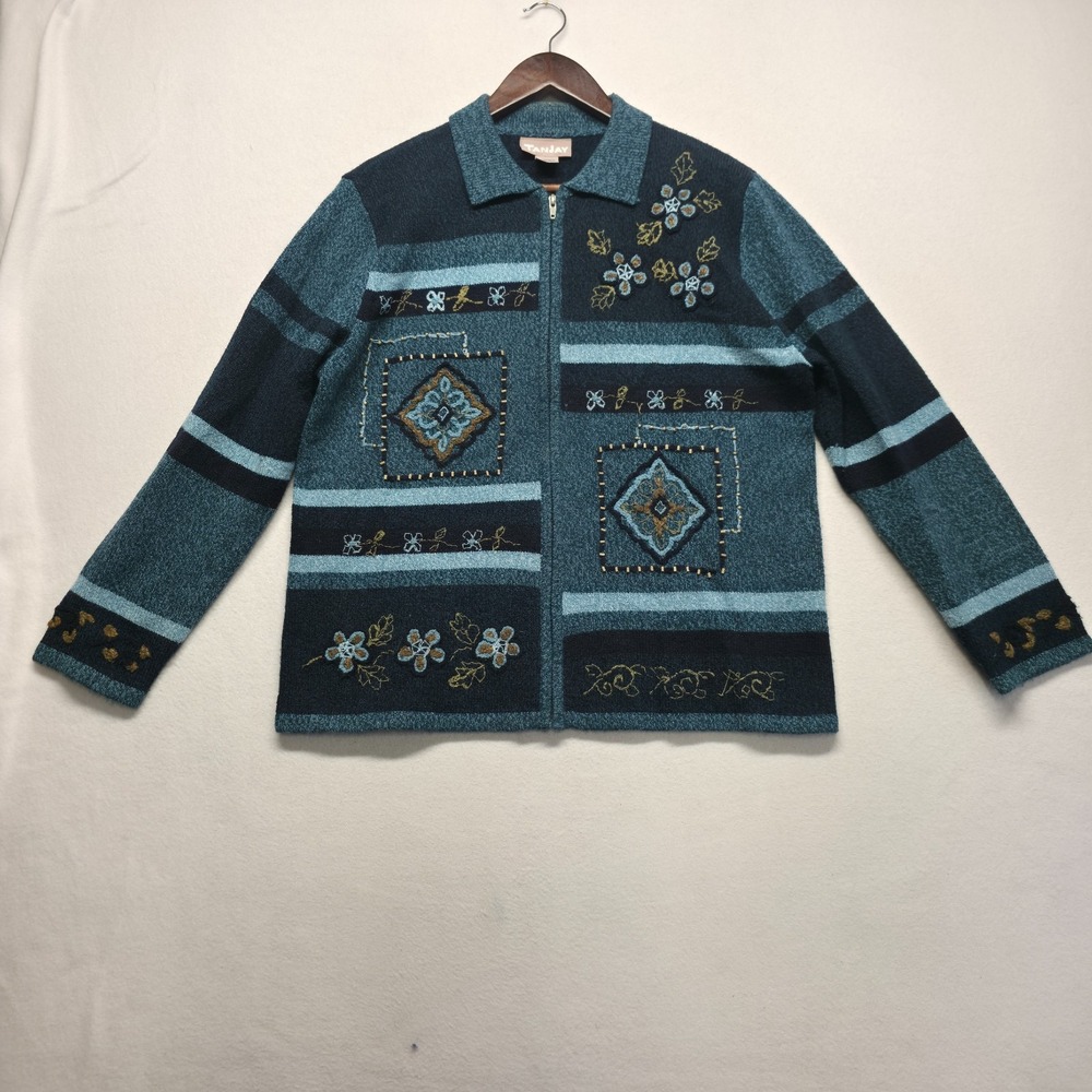 Vintage Tan Jay Women's Blue Embroidered Zip Up Cardigan Sweater Size Medium